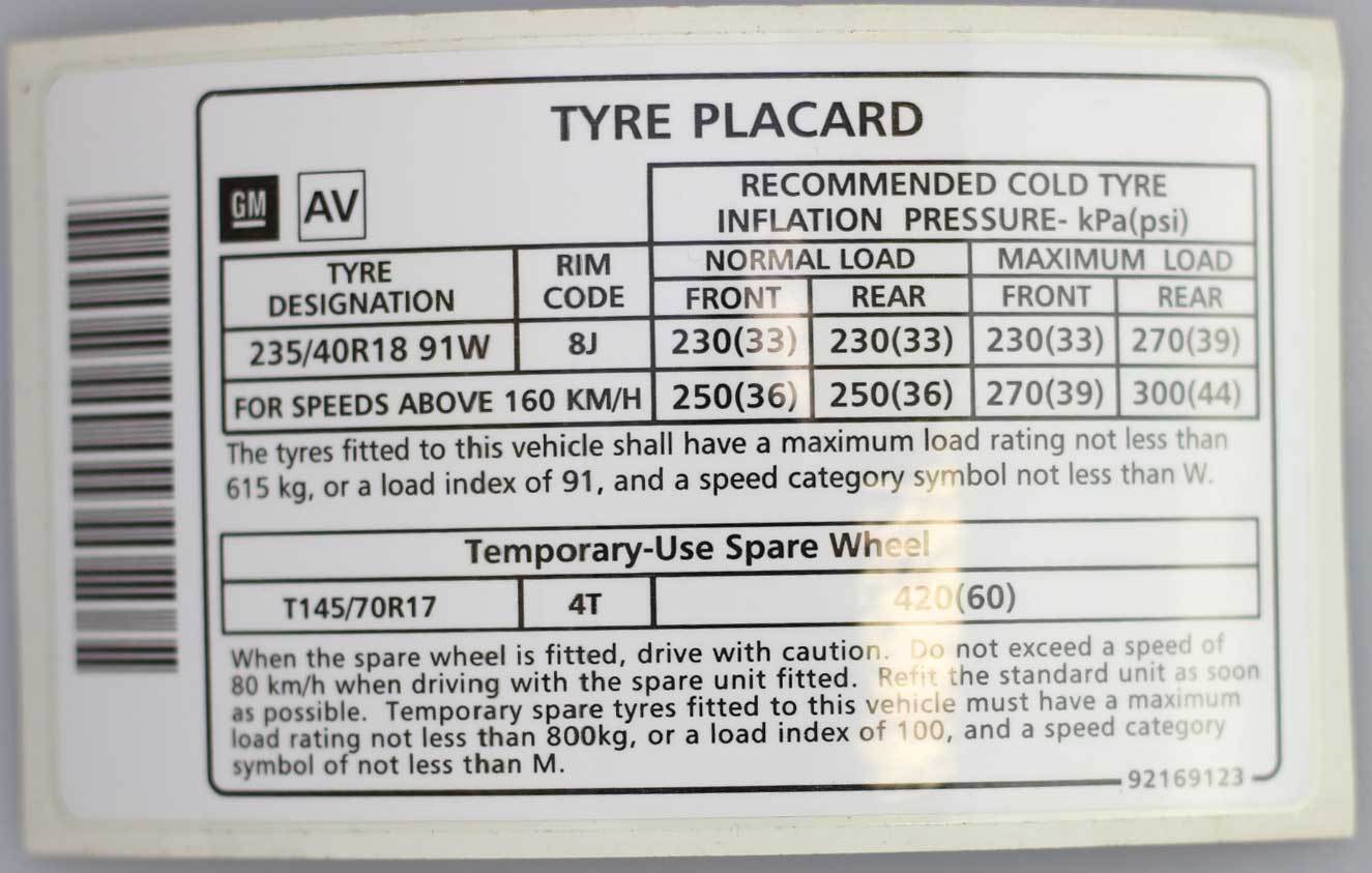 Holden V2 VZ CV8 CV8R Monaro Tyre Placard Decal GM NOS 92169123 11 x 6.2 cm