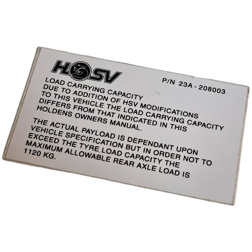 NOS HSV Clubsport Senator GTS VR Load Carrying Capacity Decal 23A-208003 Genuine