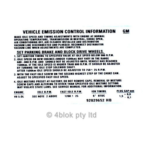 HDT VL Emission V8 Carby 5-0 Decal