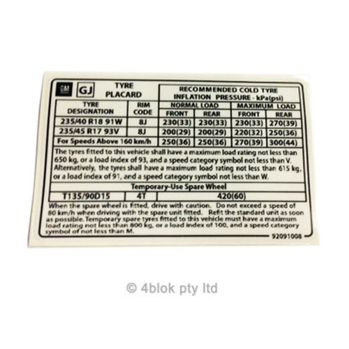 HDT Tyre Placard 18 inch 9001318