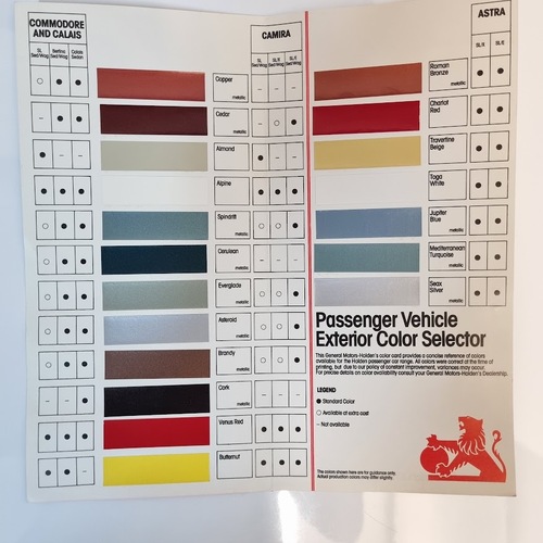 Holden Commodore VK Exterior Colour Selector Chart Oct '84 Calais Camira Astra