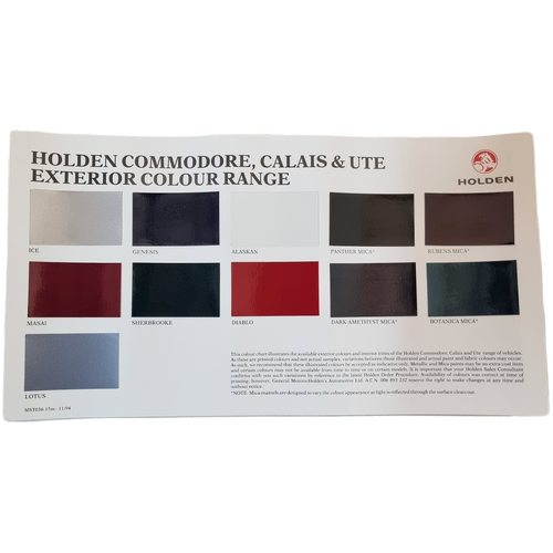New Holden Commodore Calais VR Body/ Interior Colour Chart Double Sided 11/94