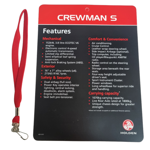 New Holden Crewman VY S Pack Mirror Dangler Hanger Dealership Showroom