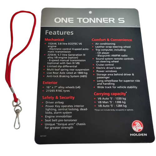 New Holden One Tonner S Pack VY Mirror Dangler Hanger Dealership Showroom